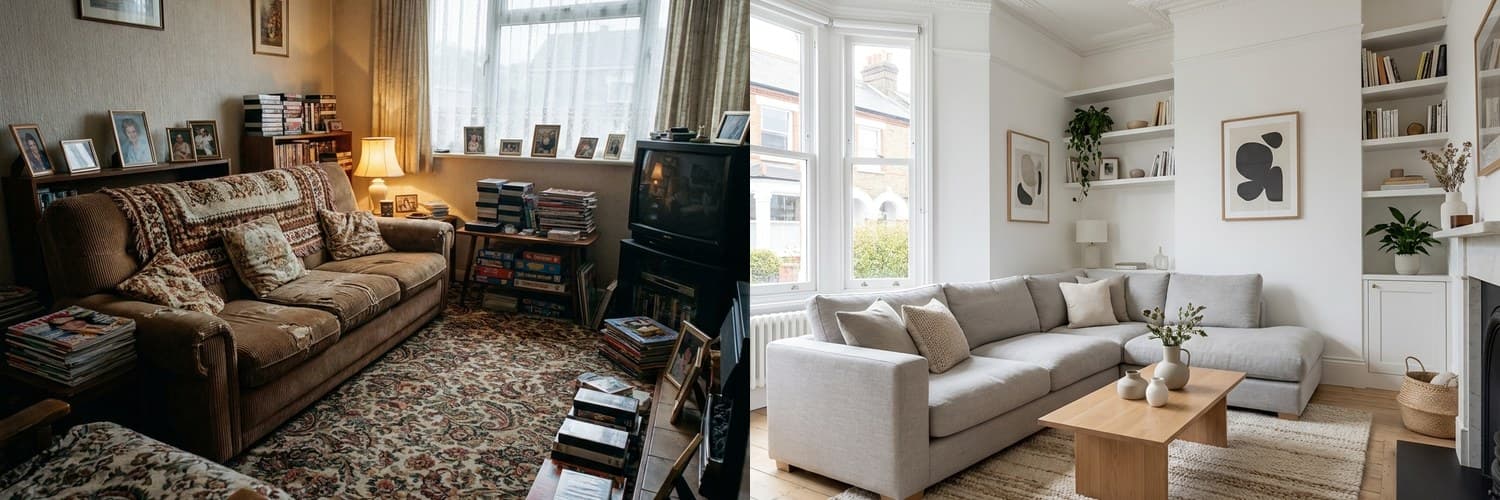 A tired living room next to an AI redesign with navy walls and white panelling
