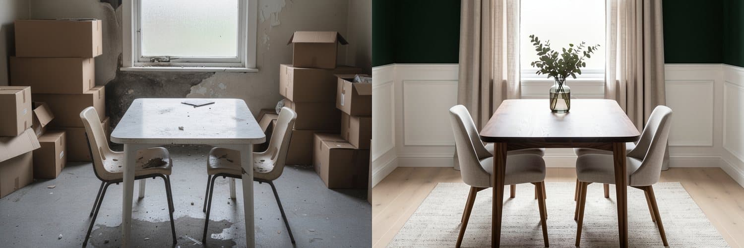 A damp, bare dining room next to an AI redesign with dark green walls, white panelling and a wooden table