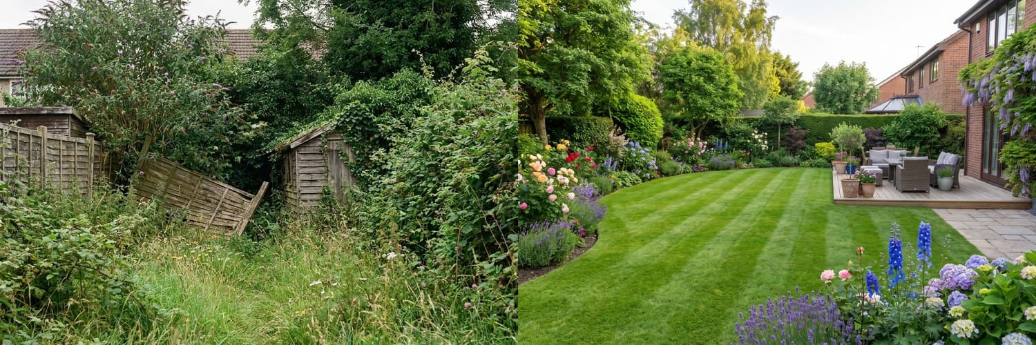 A bare terrace back garden next to an AI redesign with lawn, path and planting