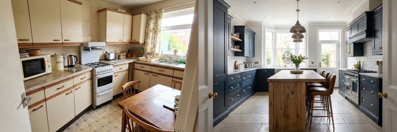 A dated kitchen next to an AI redesign of the same room with navy units