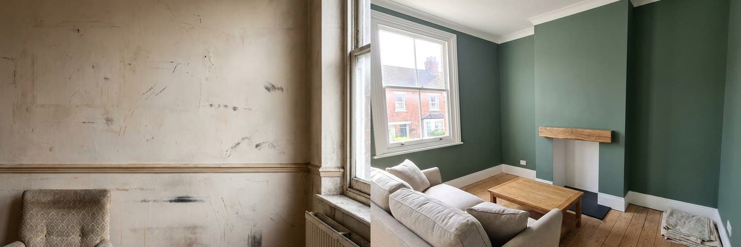 A scuffed, bare wall next to the same room repainted in green
