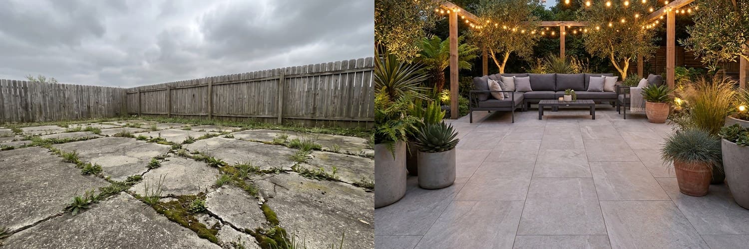 A rotten old deck next to an AI redesign with new red-brown decking and outdoor sofas