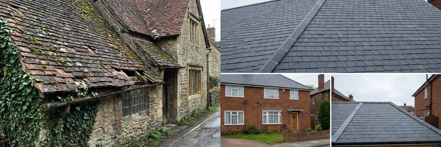 An old moss-covered tiled roof next to the same building with a new slate roof